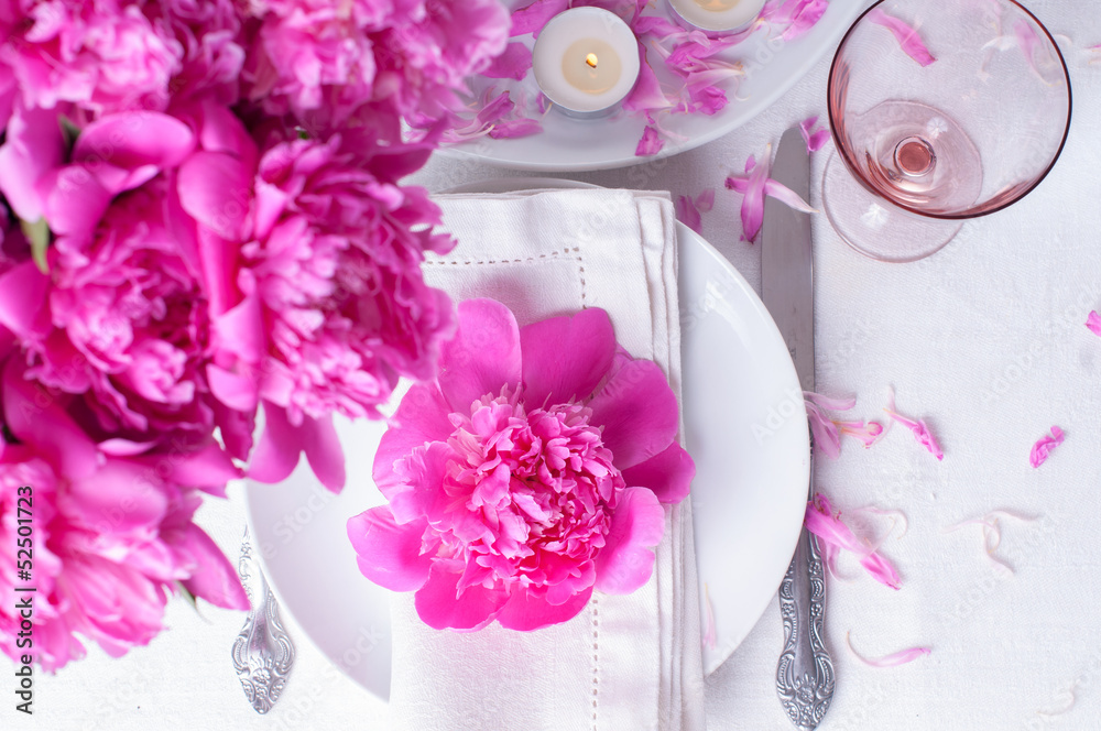 festive table setting with pink peonies festive table setting with pink peonies