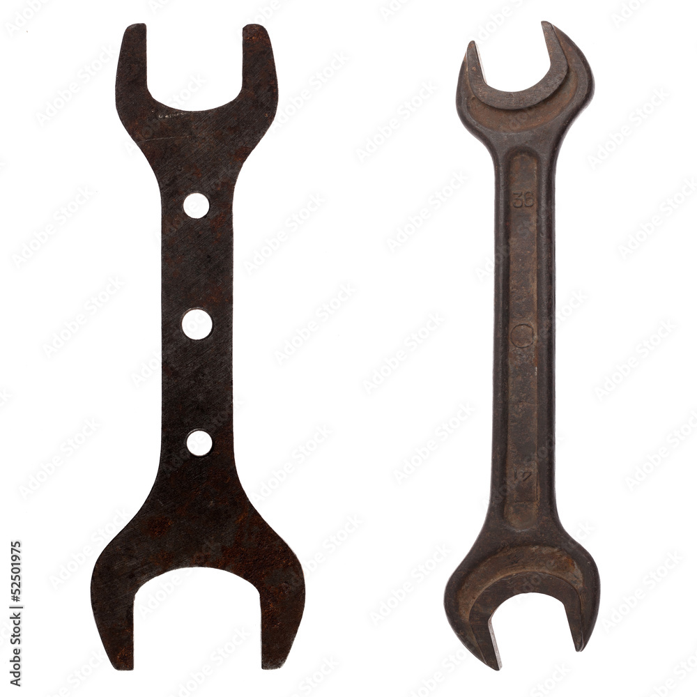Set of old wrenches for repair. Are isolated on a white backgrou Set of old wrenches for repair. Are isolated on a white backgrou