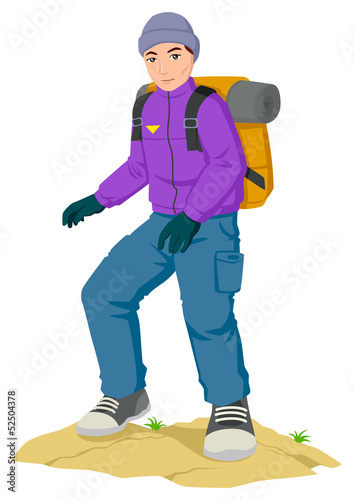 Cartoon illustration of a man hiking carrying backpack 