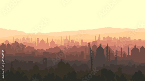 Tablou canvas Horizontal illustration of big arab city at sunset.