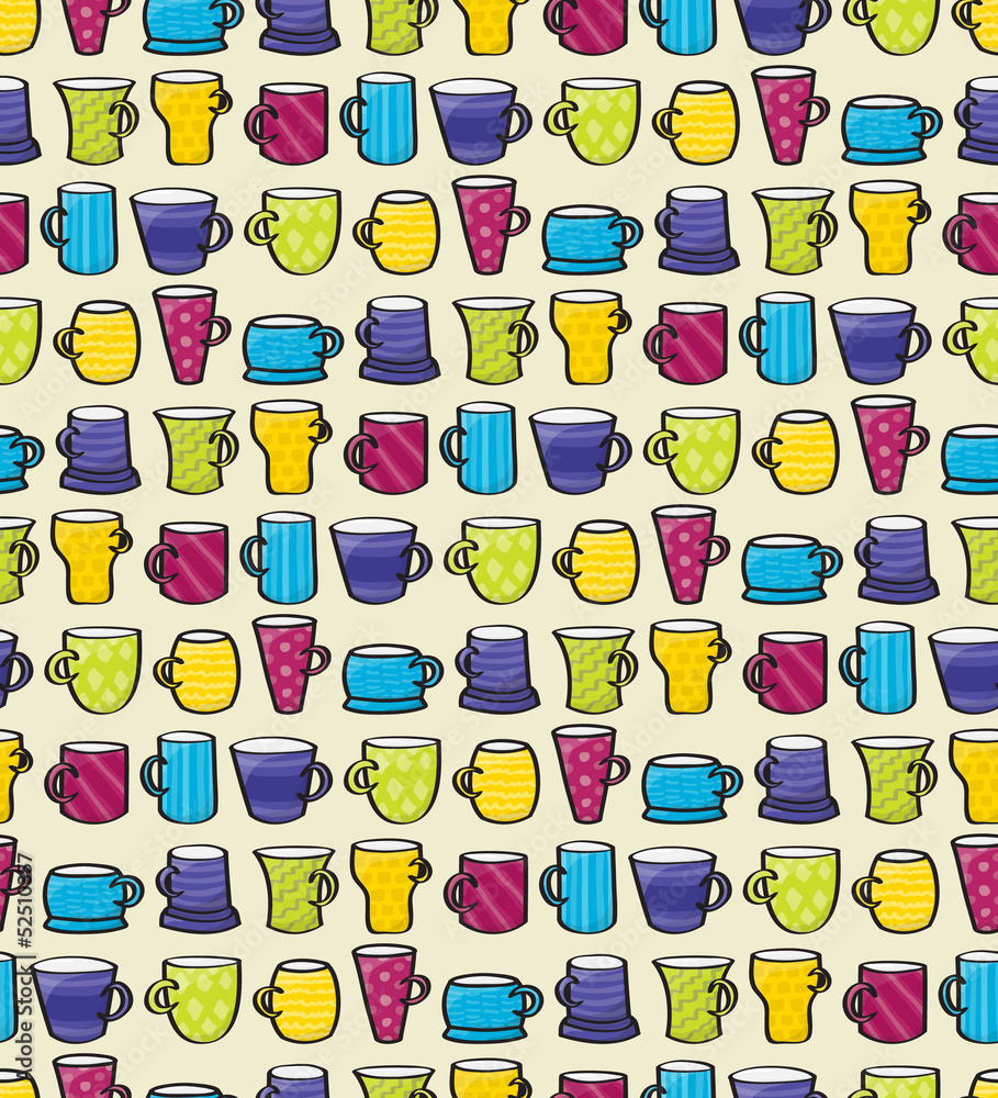 Set of cartoon style patterned mugs seamless background tile.