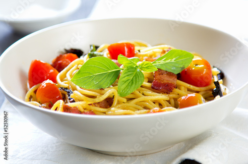 Spaghetti with bacon and dried chilli