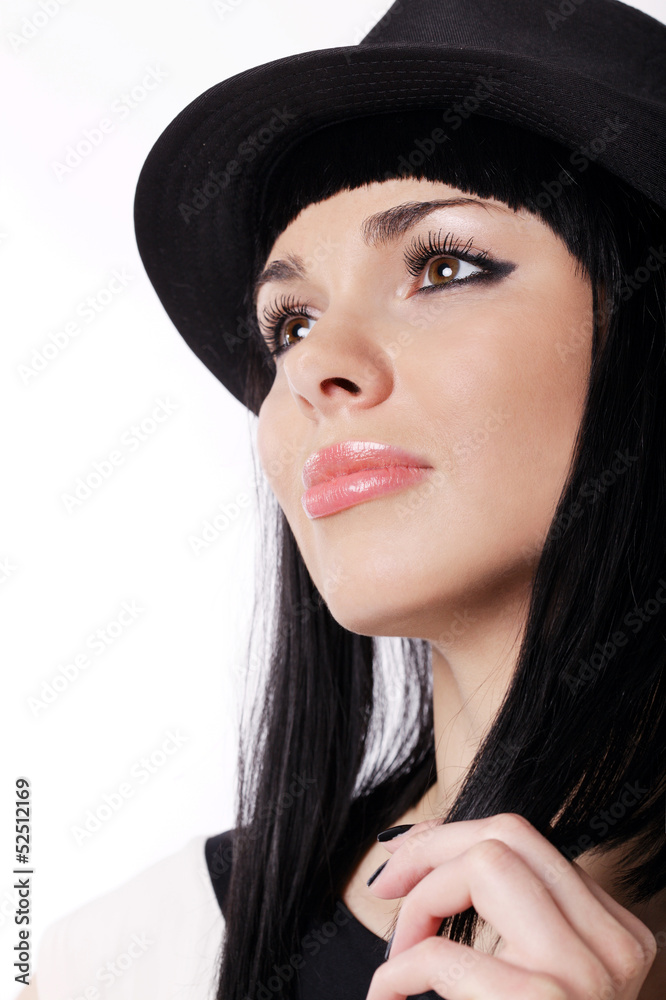 beautiful brunette bortrait with black hat beautiful brunette bortrait with black hat