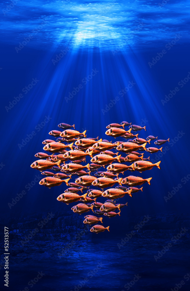 Obraz premium fish swarm forming a heart underwater scene