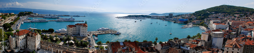 Panoramic view of Split por city and Marijan Hill from belfry in