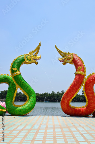 Red and Blue Serpent statue in temple Thailand