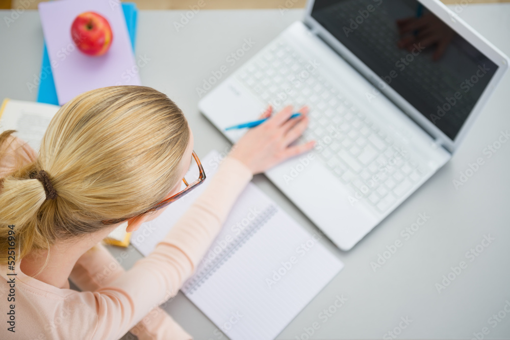 Teenager girl studying in the kitchen Teenager girl studying in the kitchen