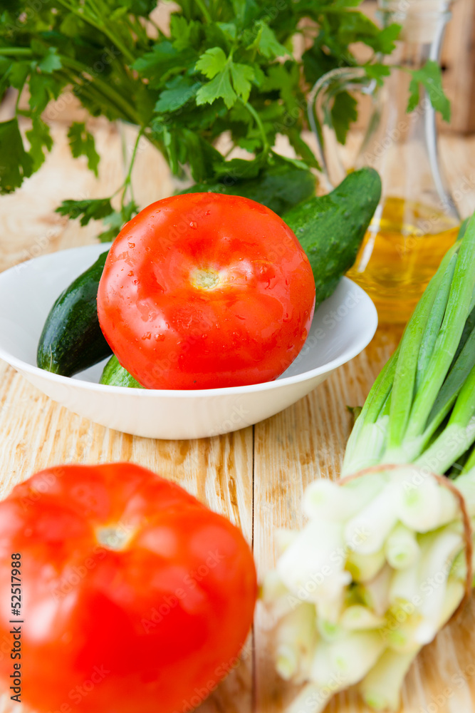 Fresh vegetables, tomatoes and cucumbers Fresh vegetables, tomatoes and cucumbers