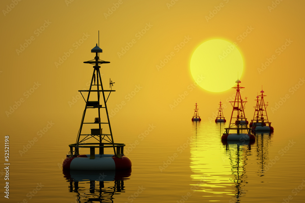 Sea buoys at sunset.