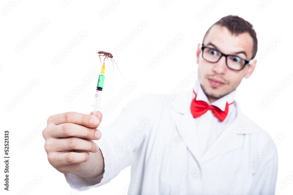 Funny scientist with syringe and cockroach Funny scientist with syringe and cockroach