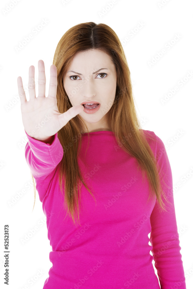 Hold on, Stop gesture showed by woman