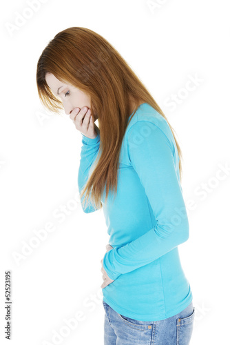 Woman with strong pain of stomach and nausea