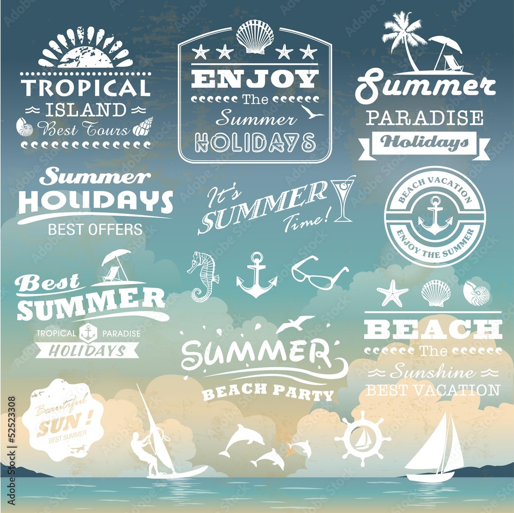 Vintage summer typography design with labels collection - obrazy, fototapety, plakaty 