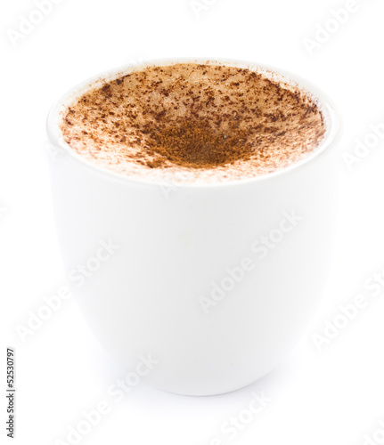 Cappuccino coffee powdered with chocolate isolated on white back