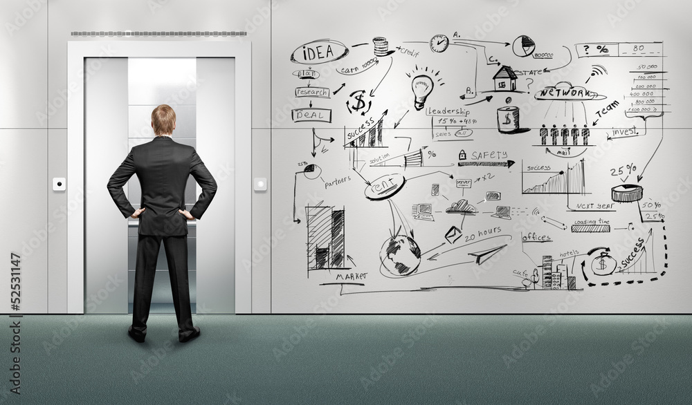 man waiting for the lift, wall with drawing business strategy man waiting for the lift, wall with drawing business strategy