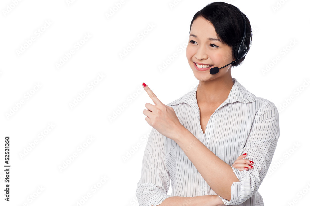 Customer support staff pointing away Customer support staff pointing away