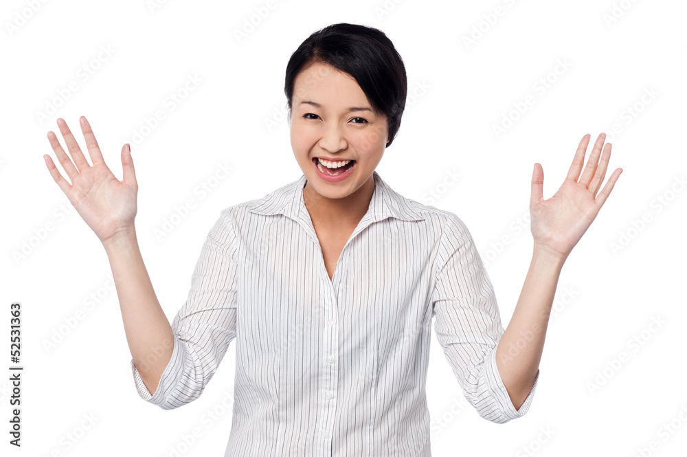 Cute girl laughing heartily with open hands Cute girl laughing heartily with open hands