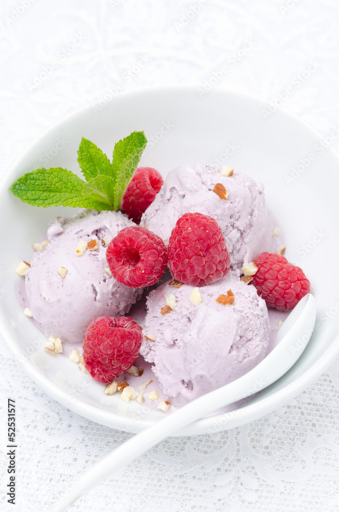 ice cream with fresh raspberries and mint in a bowl, vertical ice cream with fresh raspberries and mint in a bowl, vertical