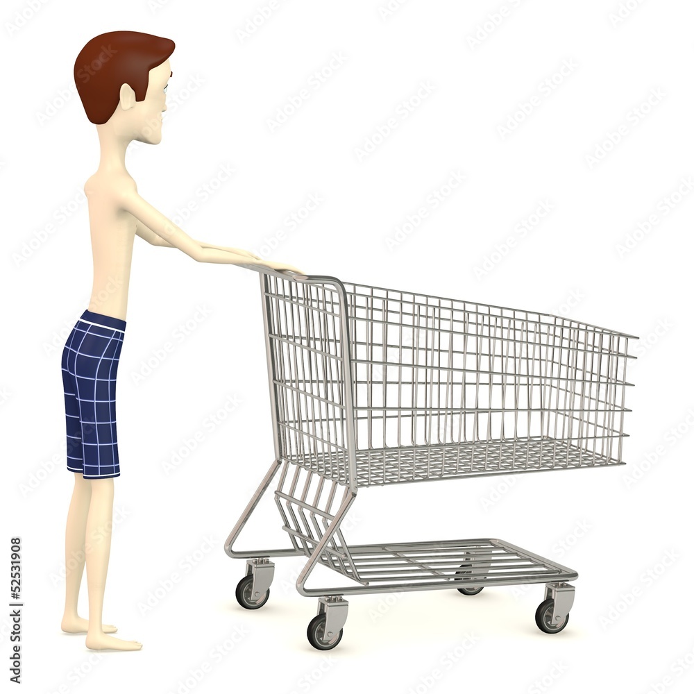 3d render of cartoon character with shopping cart 3d render of cartoon character with shopping cart