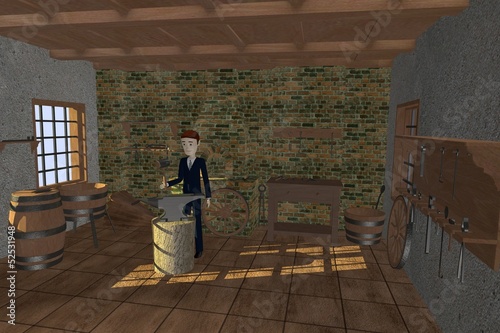 3d render of cartoon character in blacksmith