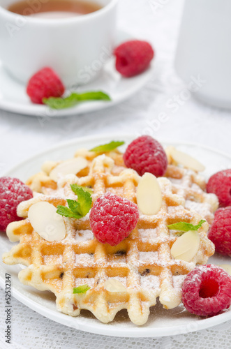 waffles with fresh raspberries and nuts for breakfast, close-up