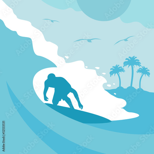 Summer background card with surfer and wave