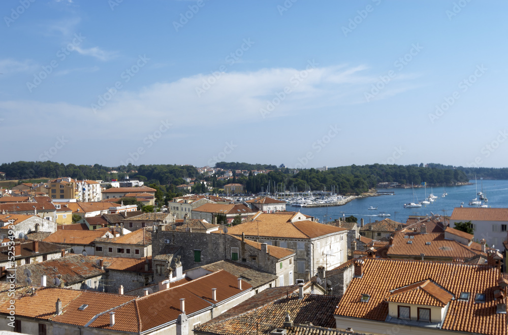 Panoramic view of down town Porec from the basilica tower, Istra