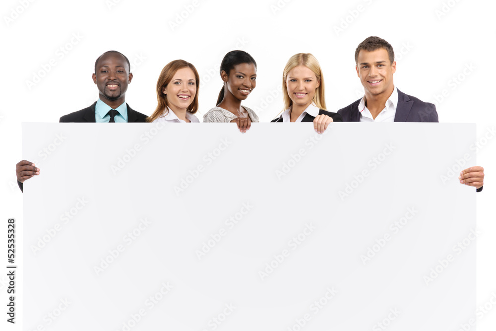 Business team holding white board Business team holding white board