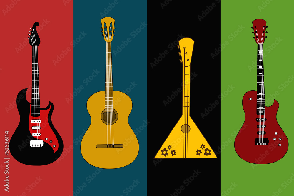 Fototapeta premium Four isolated flyers with guitars