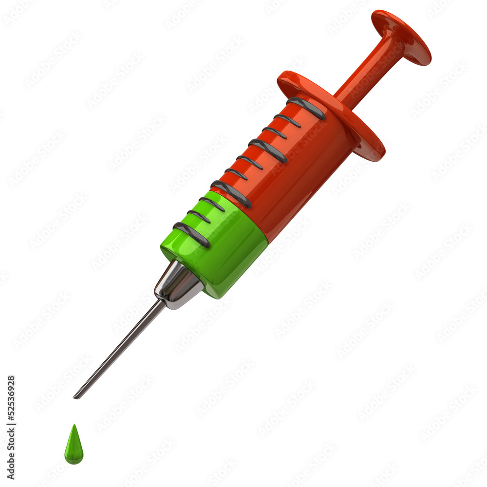 Illustration of injection syringe and green drop Illustration of injection syringe and green drop