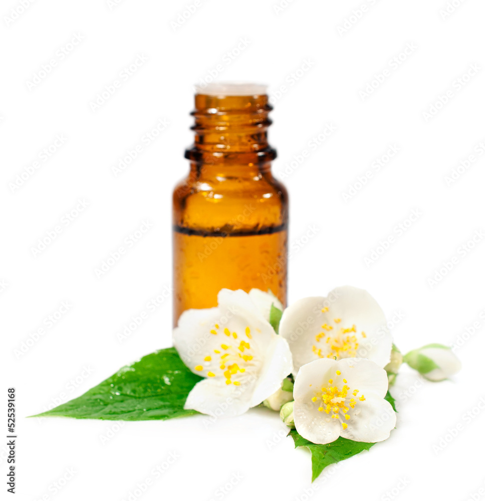 bottle of essential oil and jasmine flowers bottle of essential oil and jasmine flowers