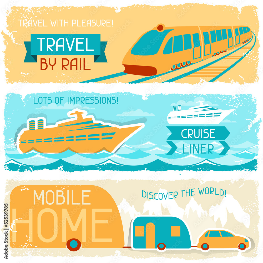 Set of horizontal travel banners in retro style. Set of horizontal travel banners in retro style.