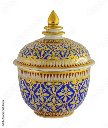 name of Thail porcelain with desings in five colours isolated o