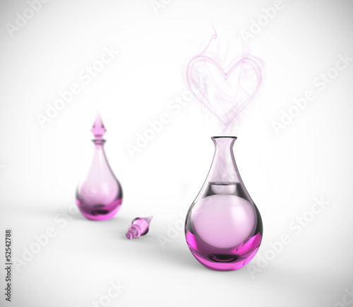 Love potion. Perfume bottle with heart vapor