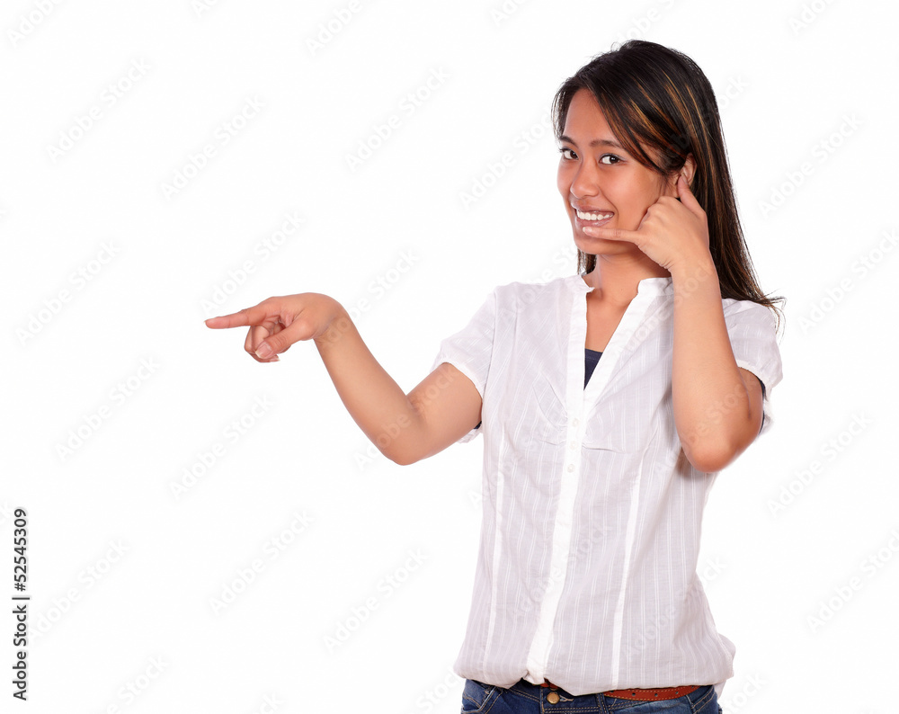 Charming young woman looking at you saying call me Charming young woman looking at you saying call me