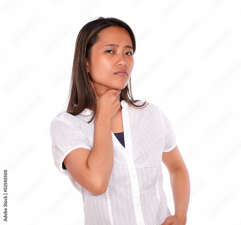 Charming asiatic young woman with throat pain Charming asiatic young woman with throat pain