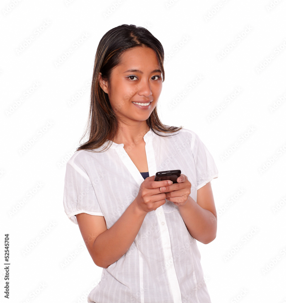 Charming asiatic young woman calling on cellphone Charming asiatic young woman calling on cellphone