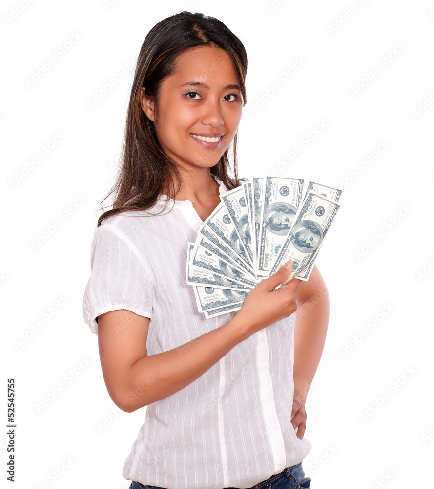 Smiling asiatic young woman with cash money