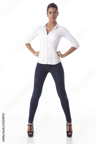 pretty slim fit gorgeous young woman overy white background