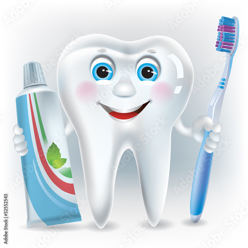 Funny tooth with toothpaste and toothbrush