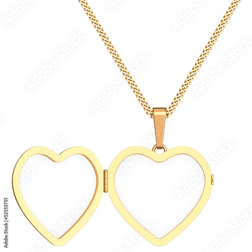 Gold heart shaped locket on chain isolated on white