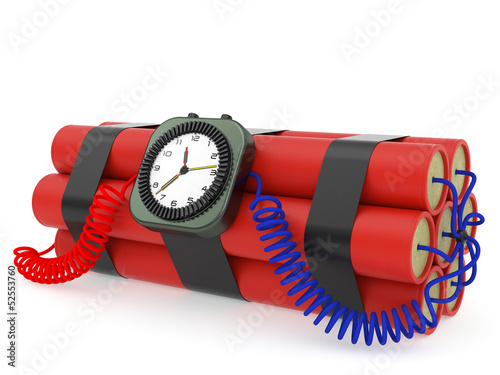 Time bomb with dynamite and clock detonator on white