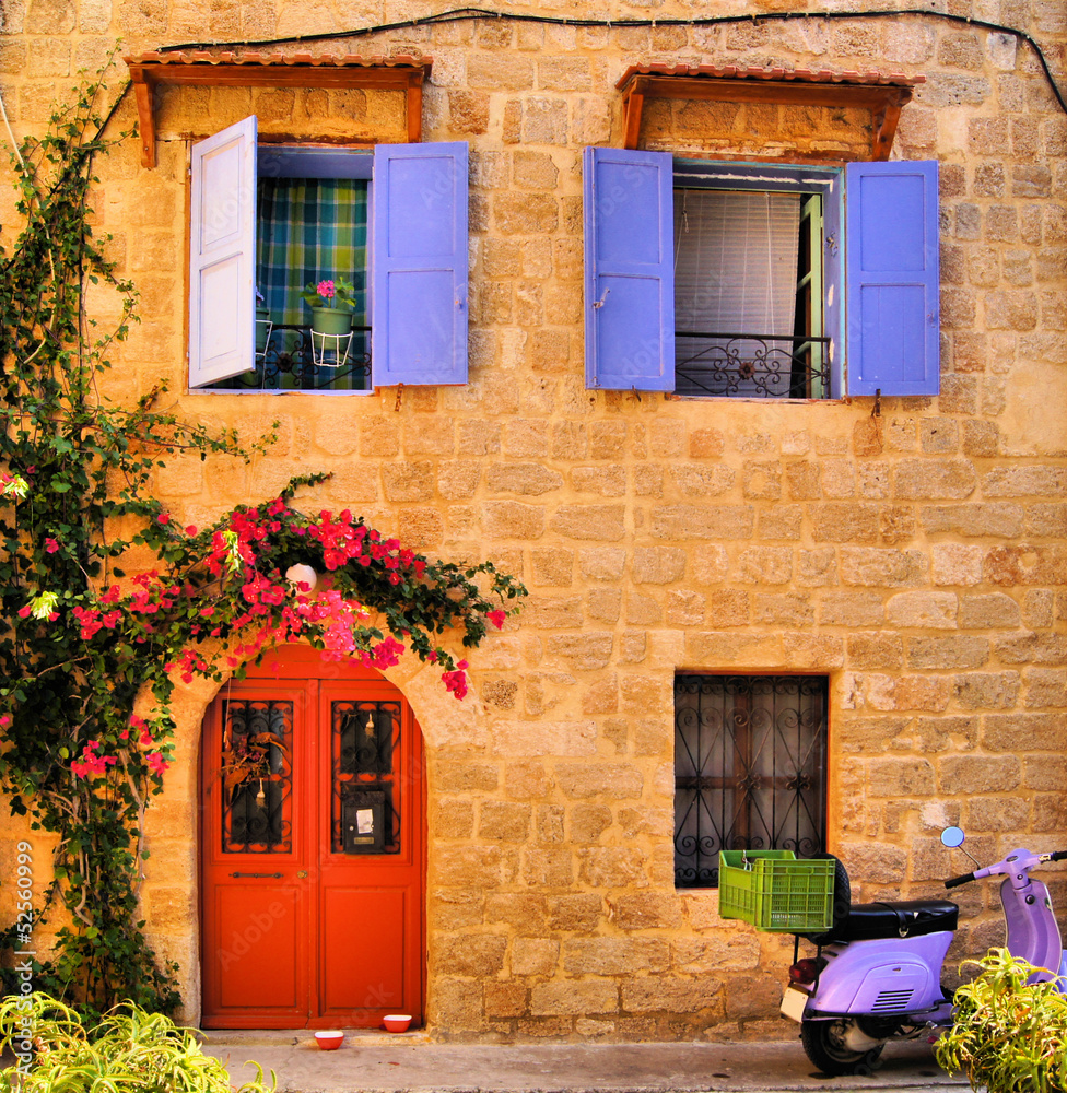 Stone house in the Old Town of Rhodes, Greece - obrazy, fototapety, plakaty 
