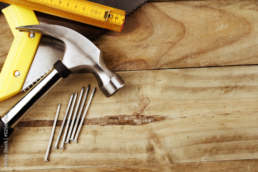Carpentry tools on wood. Copy space Carpentry tools on wood. Copy space