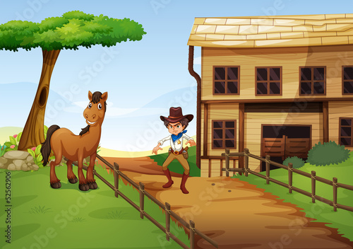 An angry cowboy with a horse at the fence