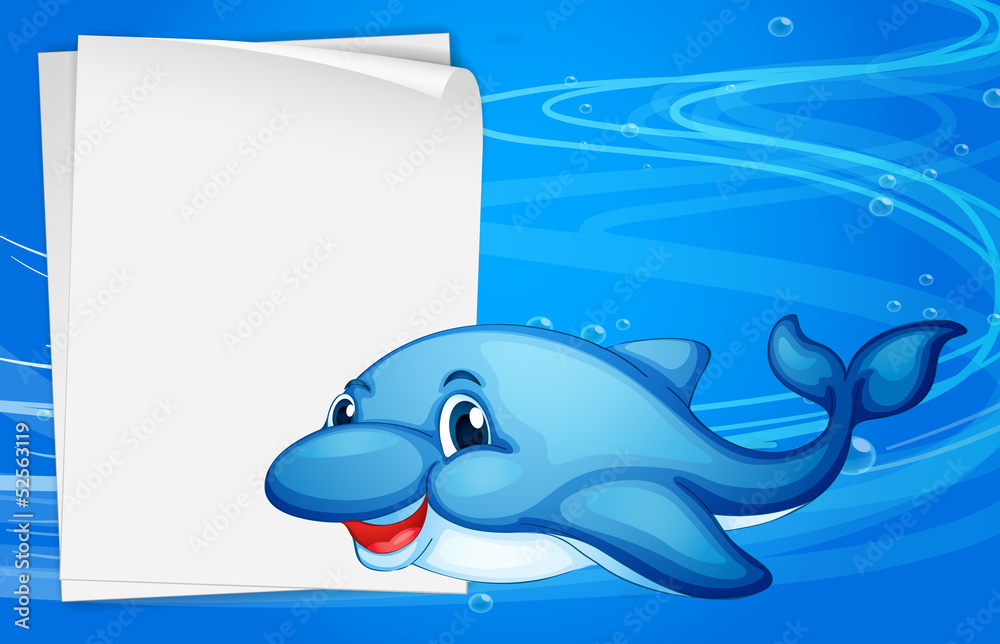 A dolphin beside an empty paper under the sea A dolphin beside an empty paper under the sea