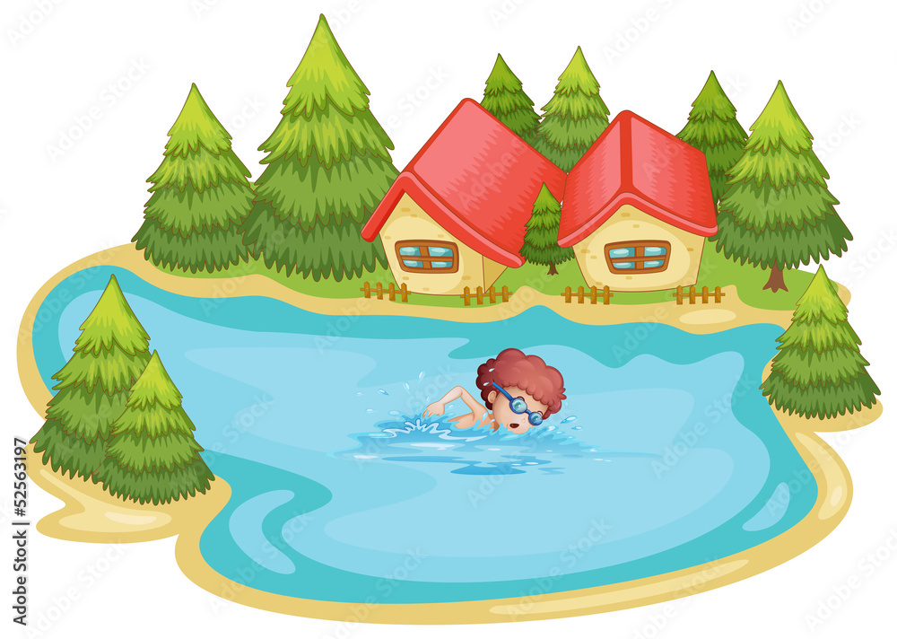 A beach near the pine trees with a boy swimming