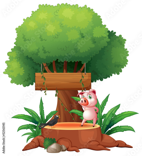 A pig and a bird above a stump in front of a wooden signboard