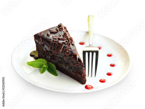 Piece of Zacher chocolate cake on a plate photo