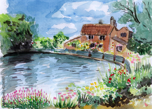 watercolor river bank house